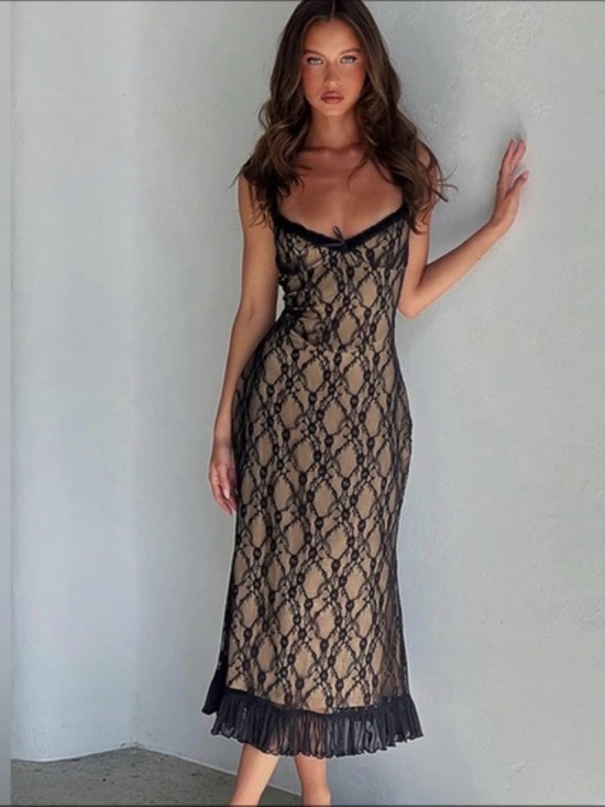 Commense Other - Black Lace Midi Dress | Sheer Nude Underlay | Elegant & Sexy | New